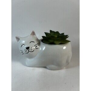 Ceramic Sleeping Cat Planter White Kitten Faux Succulent Room Decor 5”